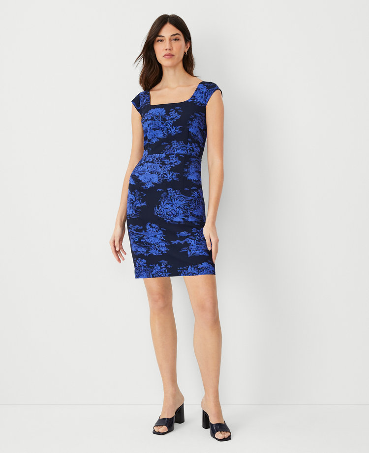 Ann Taylor Floral Cap Sleeve Square Neck Sheath Dress Dazzling Blue Women's