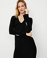 Petite Pearlized Button Cuff V-Neck Sweater Dress carousel Product Image 3