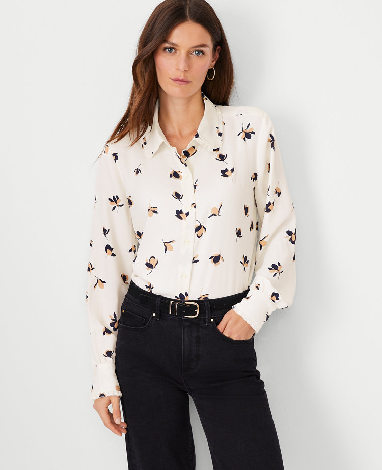 Petite Floral Ruffle Collar Shirt