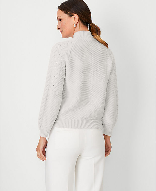 Petite Pearlized Relaxed Mock Neck Cable Sweater
