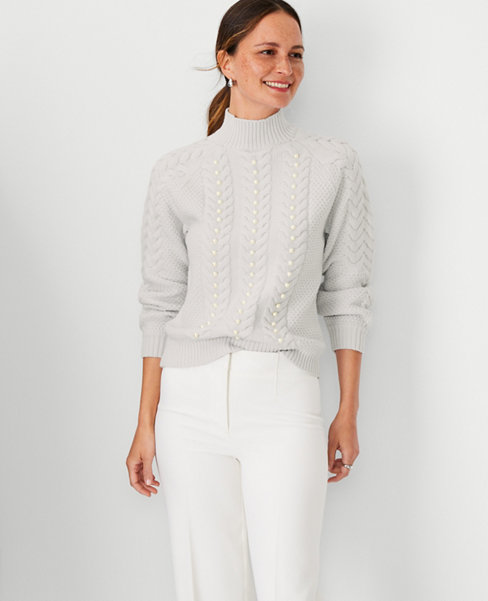 Petite Pearlized Relaxed Mock Neck Cable Sweater