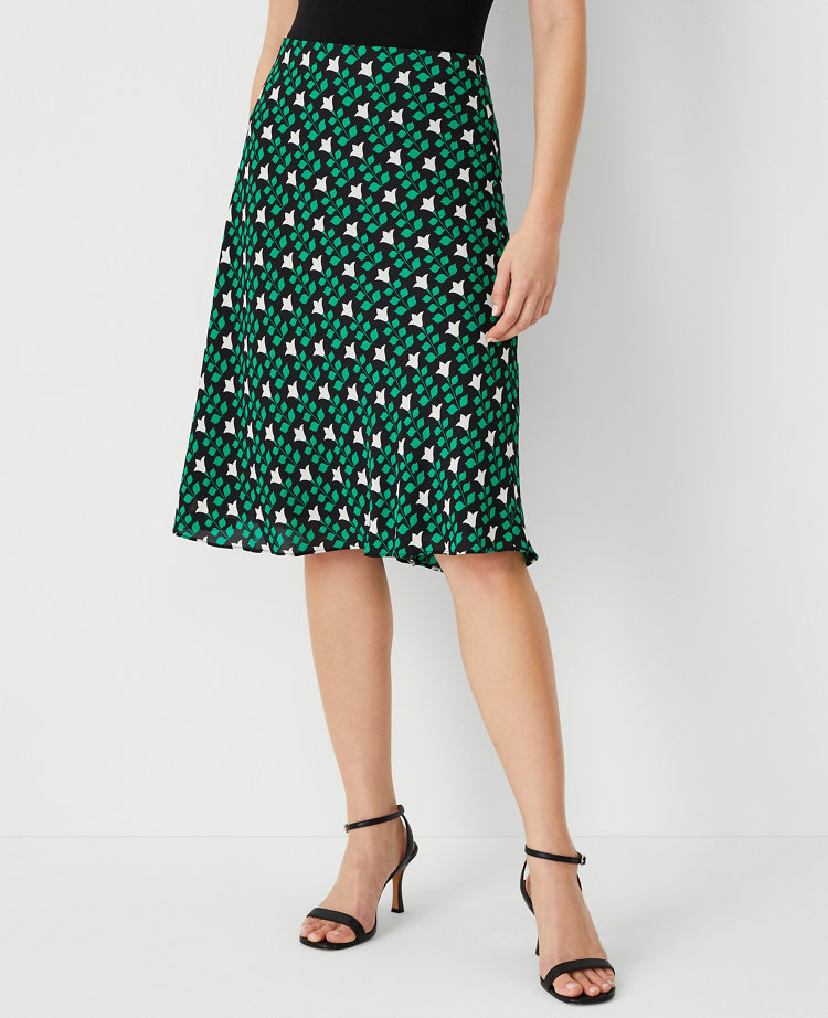 Ann Taylor Floral Tile Bias Slip Skirt Grass Green Women's