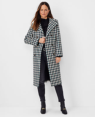 Ann Taylor Petite Houndstooth Funnel Neck Double Breasted Coat In Black