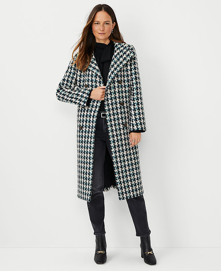Petite Houndstooth Funnel Neck Double Breasted Coat