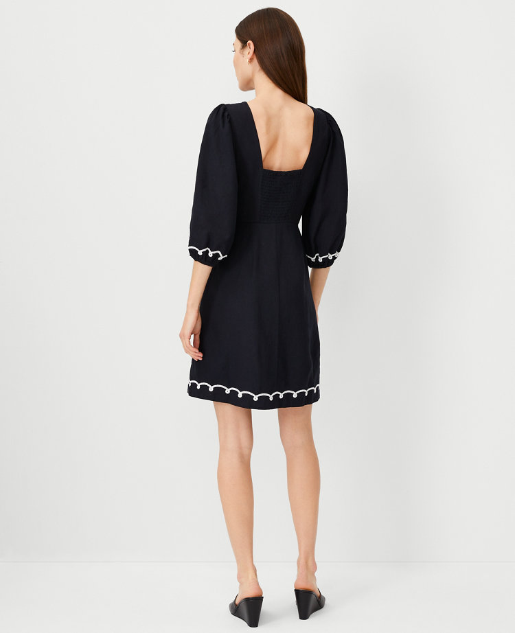 Ann Taylor Embroidered Linen Blend Open Back Flare Dress In Black