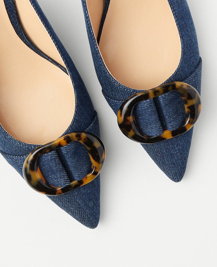 Denim Tortoiseshell Print Buckle Pointy Toe Slingback Pumps