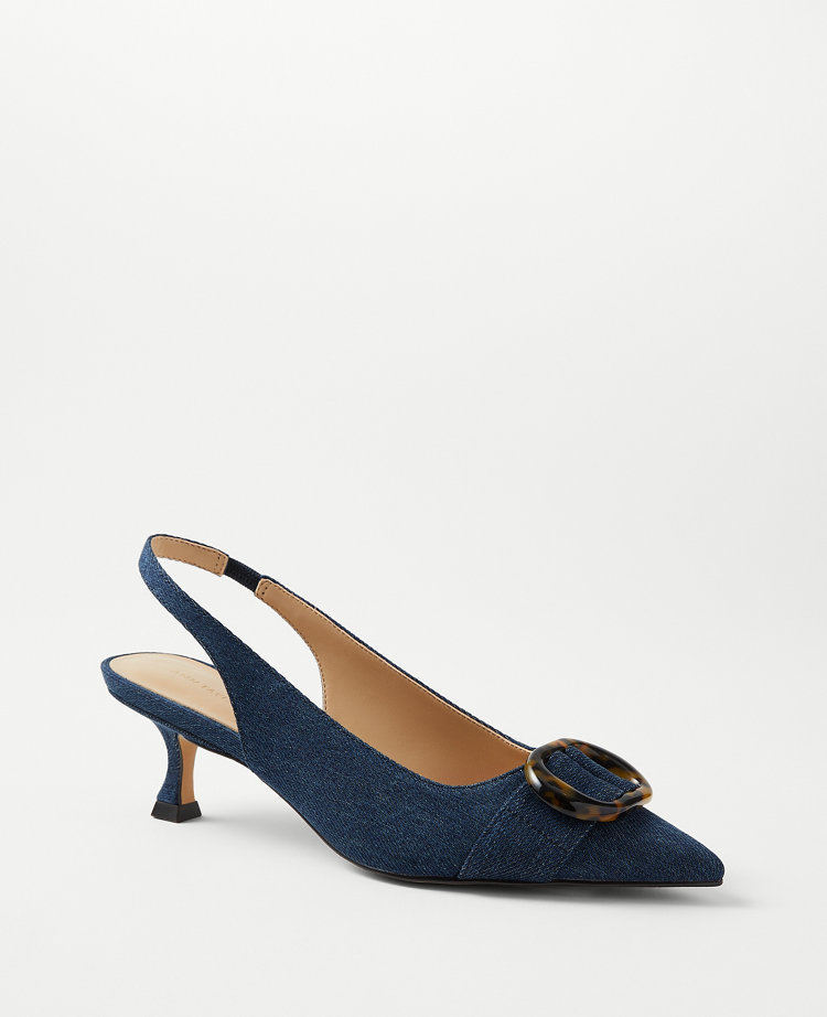 Denim Tortoiseshell Print Buckle Pointy Toe Slingback Pumps