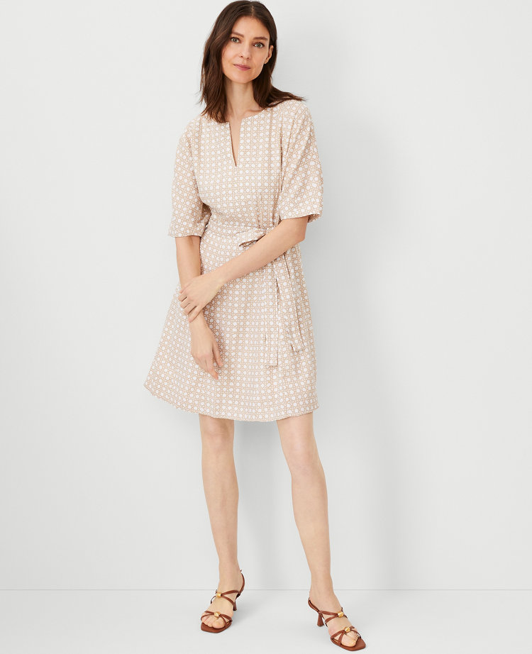 Ann Taylor Lattice Linen Blend Split Neck Flare Dress Baguette Women's