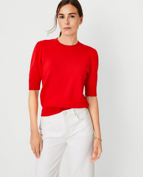 Ann Taylor Petite Ribbed Puff Sleeve Sweater Vermillion Size XLP