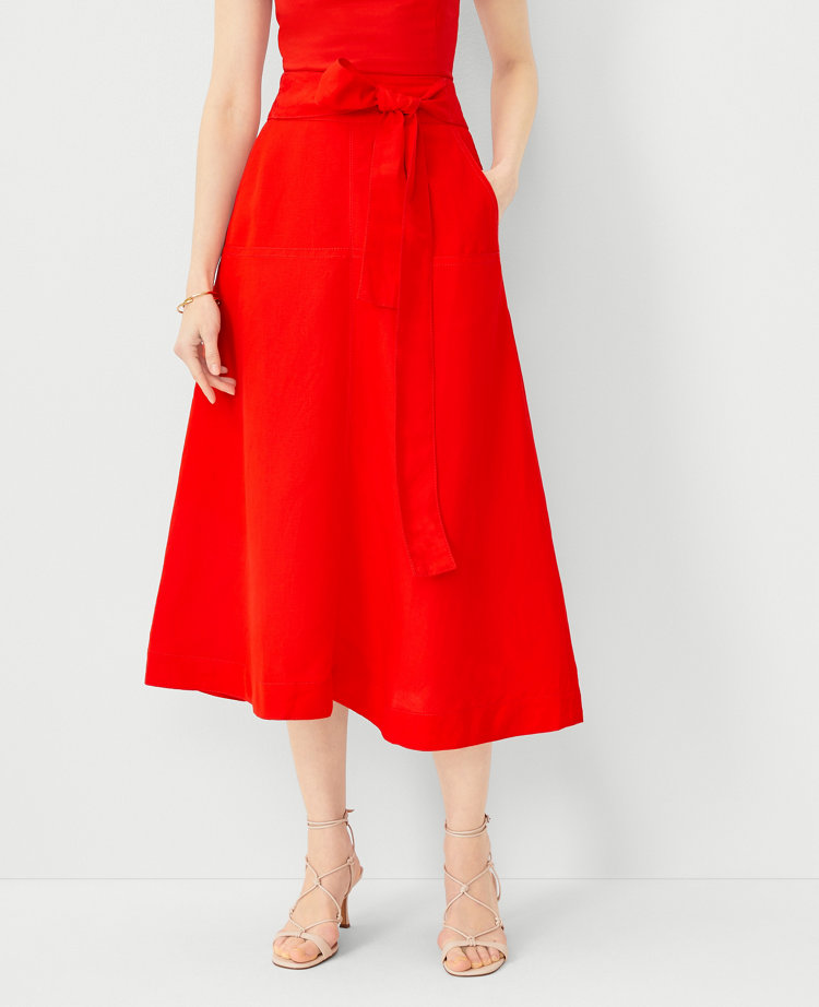 Linen Blend Tie Waist Pocket Midi Skirt