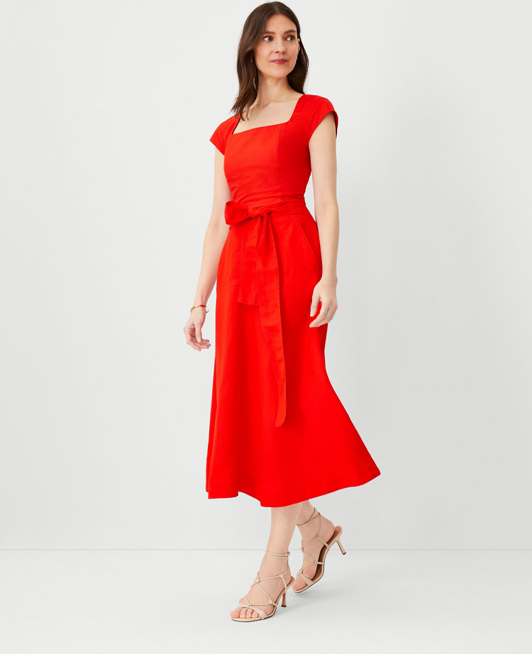 Linen Blend Tie Waist Pocket Midi Skirt