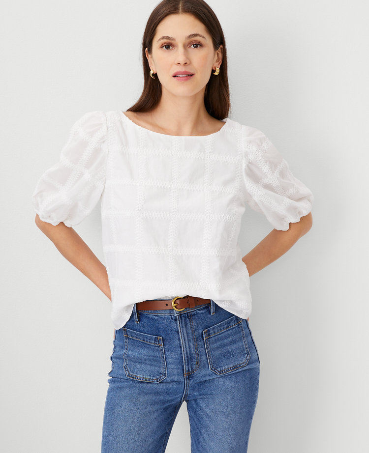 Ann Taylor Windowpane Crochet Boatneck Popover Top