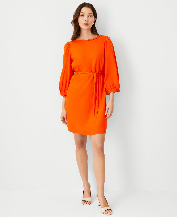 Linen Blend Puff Sleeve Belted Shift Dress