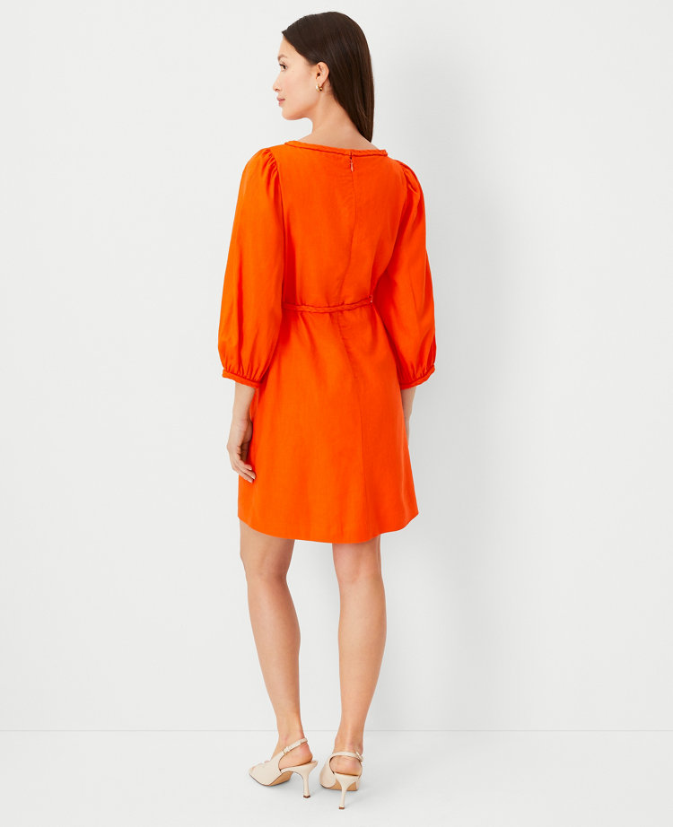 Linen Blend Puff Sleeve Belted Shift Dress