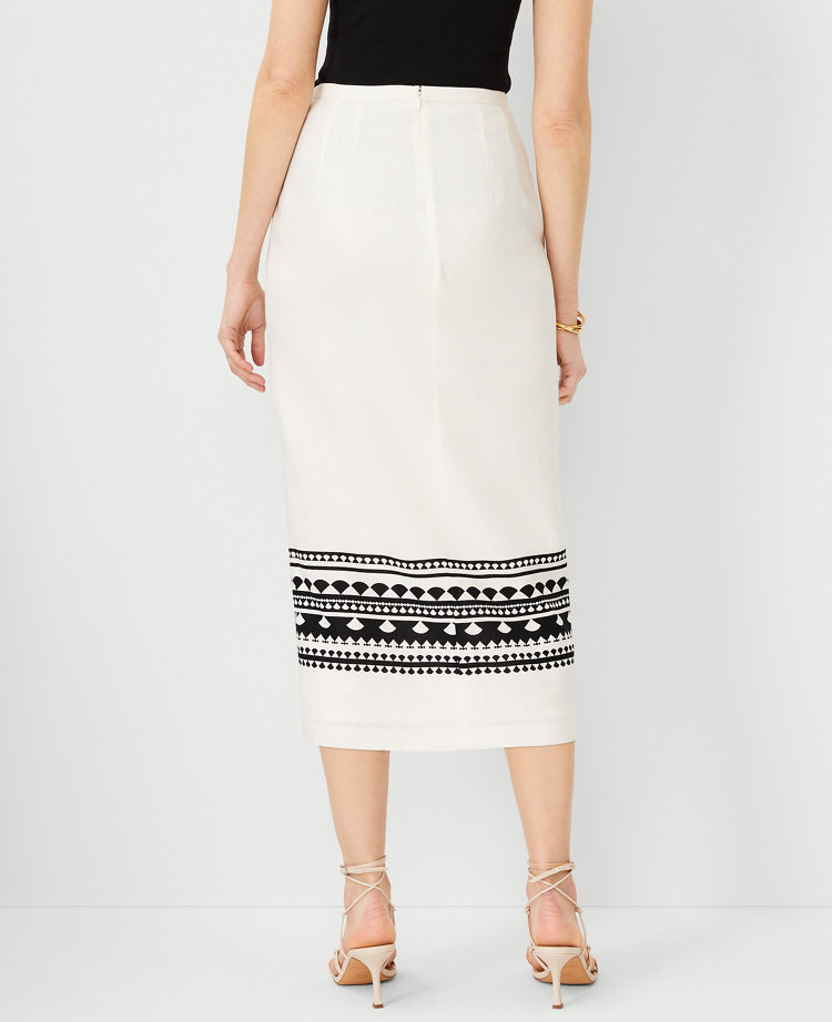 Ann Taylor Geo Border Linen Blend Wrap Midi Skirt Winter White Women's