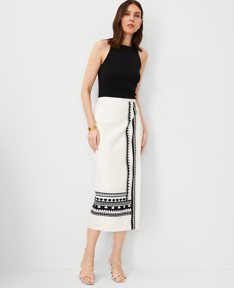 Ann Taylor Geo Border Linen Blend Wrap Midi Skirt Winter White Women's