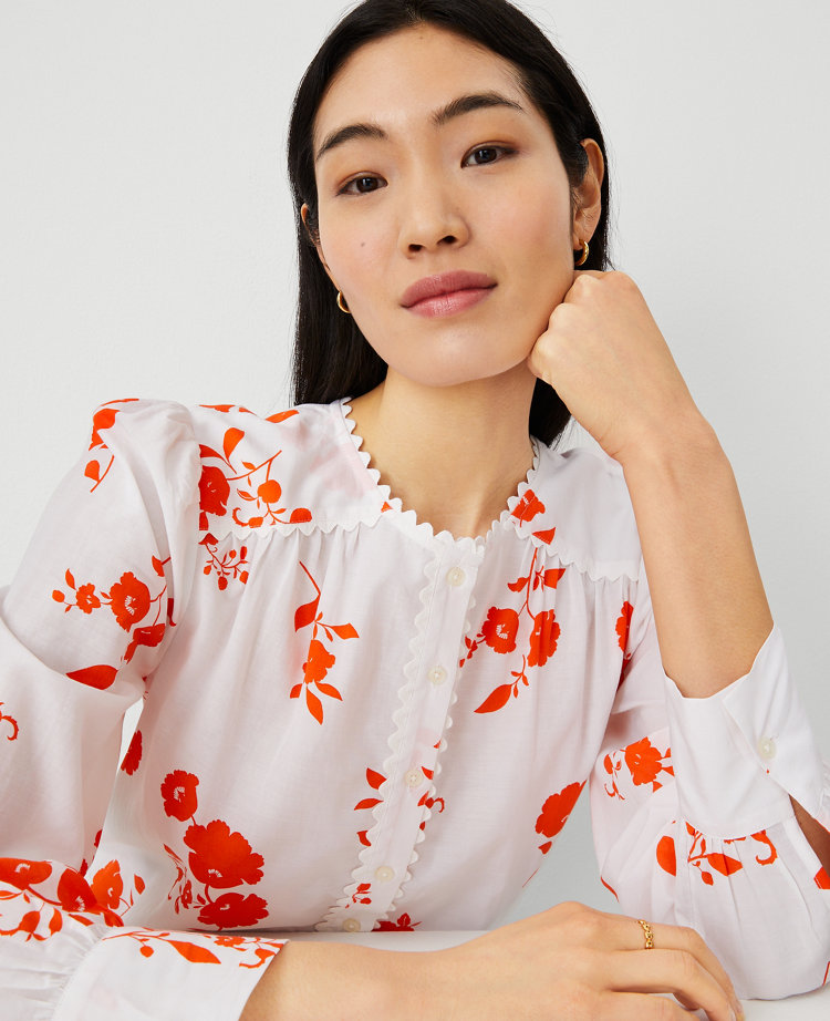 Ric Rac Trim Floral Cotton Blend Popover