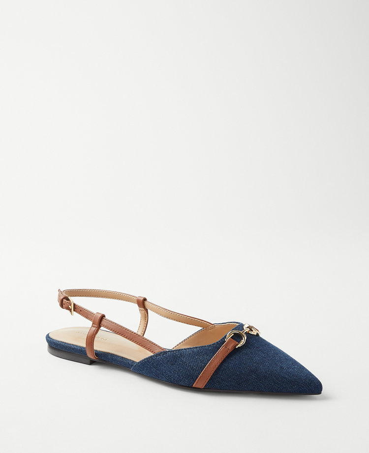 Denim Buckle Pointy Toe Slingback Flats