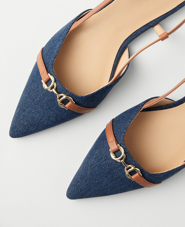 Denim Buckle Pointy Toe Slingback Flats