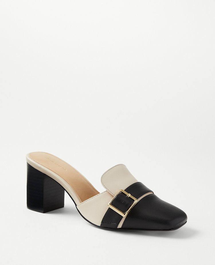 Leather Buckle Block Heel Mule Pumps