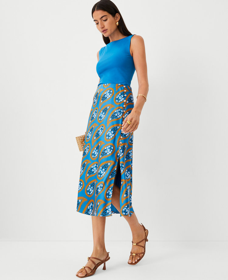 Floral Button Slit Midi Slip Skirt