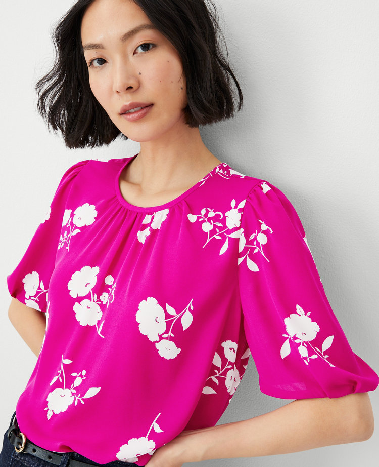 Ann Taylor Floral Pleated Sleeve Top Magenta Shadow Women's