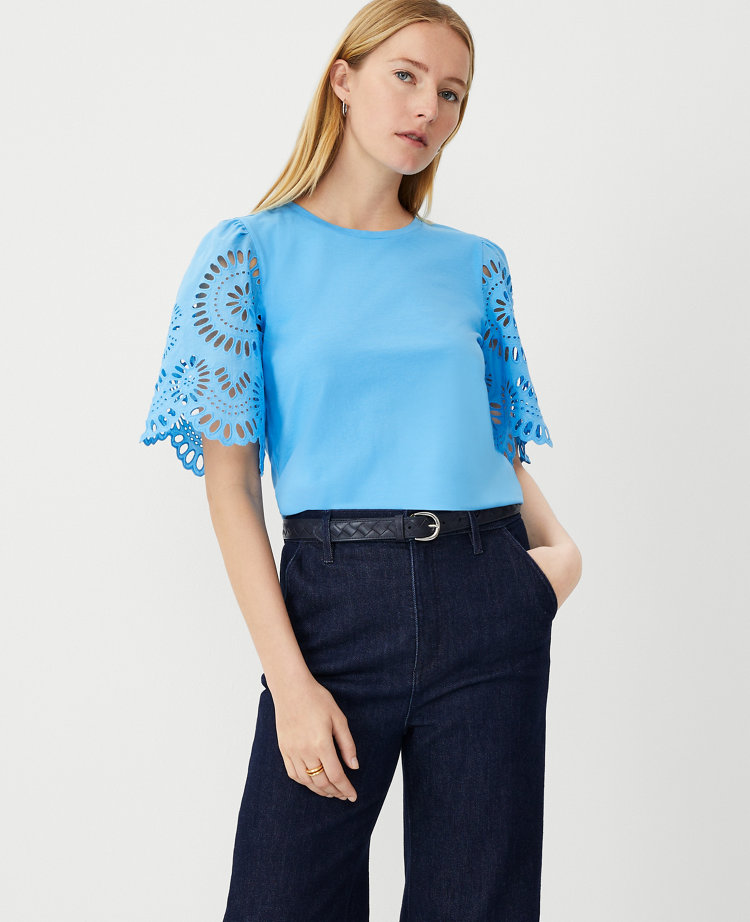 Ann Taylor Eyelet Sleeve Pima Cotton Tee