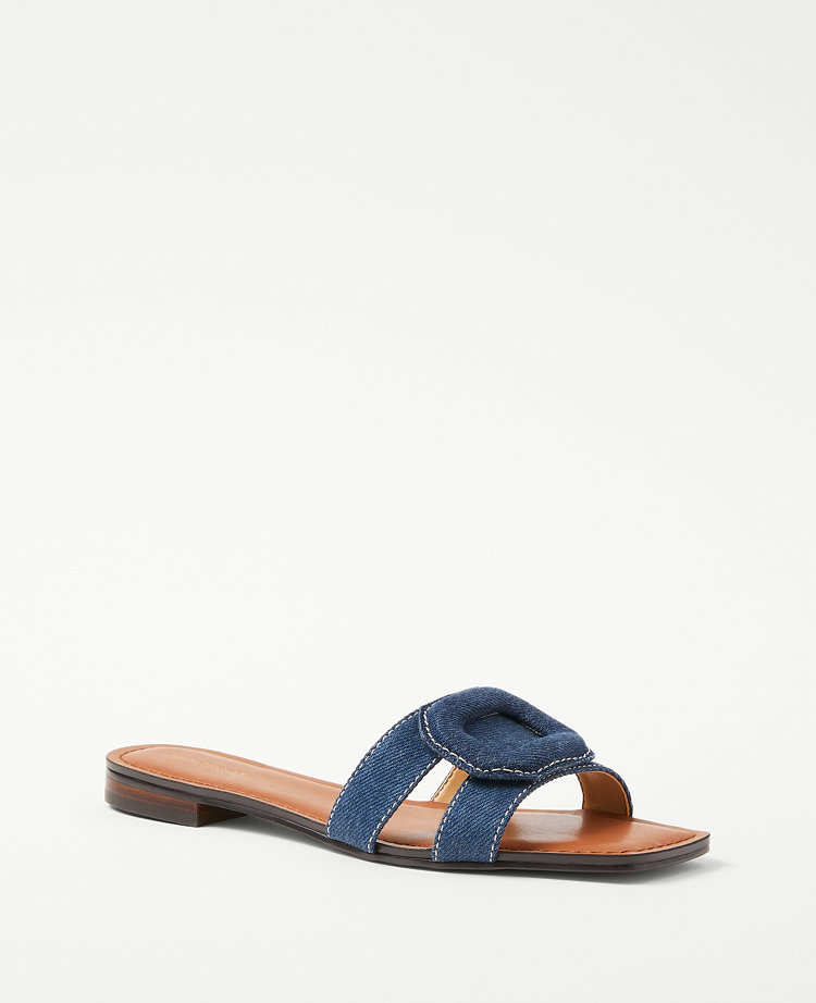 Ann Taylor AT Weekend Denim Buckle Slides Dark Blue Women's