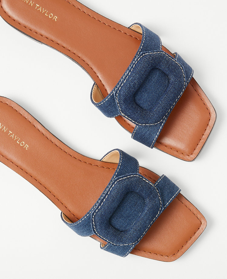 Ann Taylor AT Weekend Denim Buckle Slides Dark Blue Women's