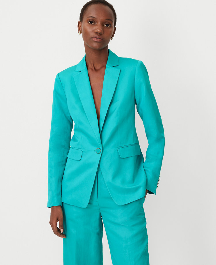 Ann Taylor Studio Collection Silk Linen Long One Button Blazer Chameleon Teal Women's