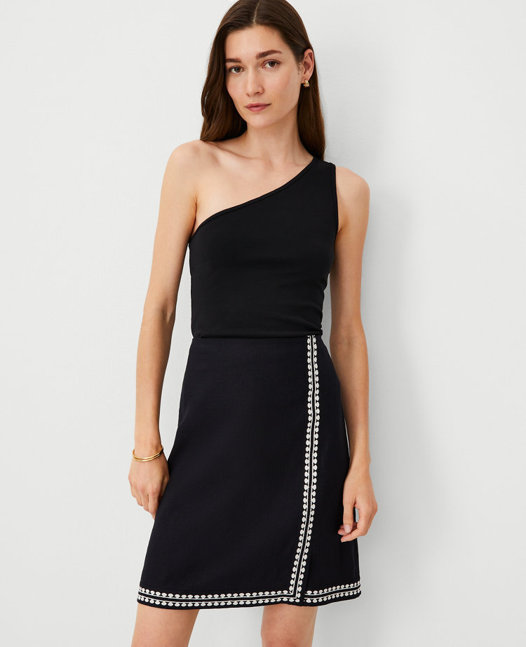 Embroidered Linen Blend A-Line Skirt