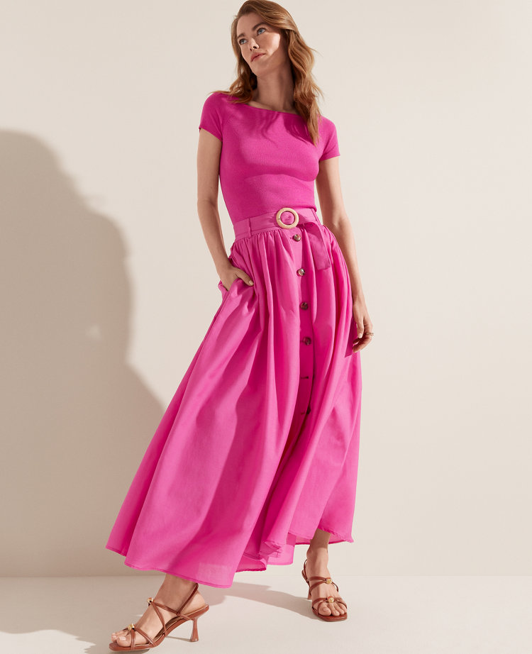 Belted Button Pocket Maxi Skirt