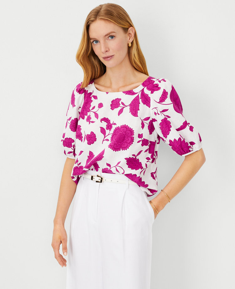 Ann Taylor Floral Linen Blend Boatneck Popover Top