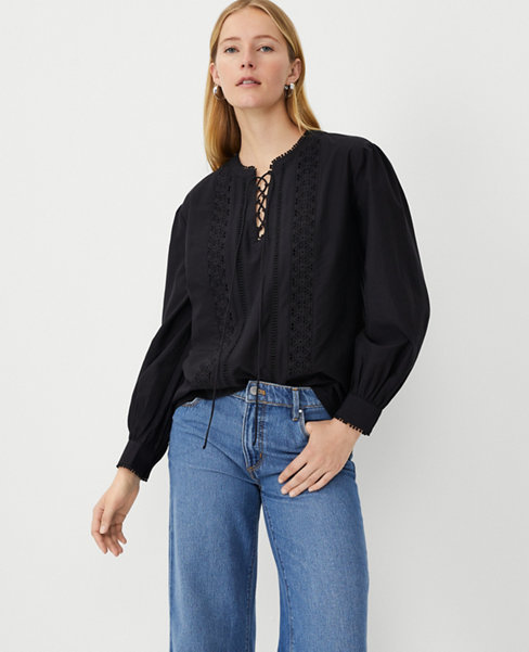 Ann Taylor Embroidered Lace Up Cotton Blend Popover Top