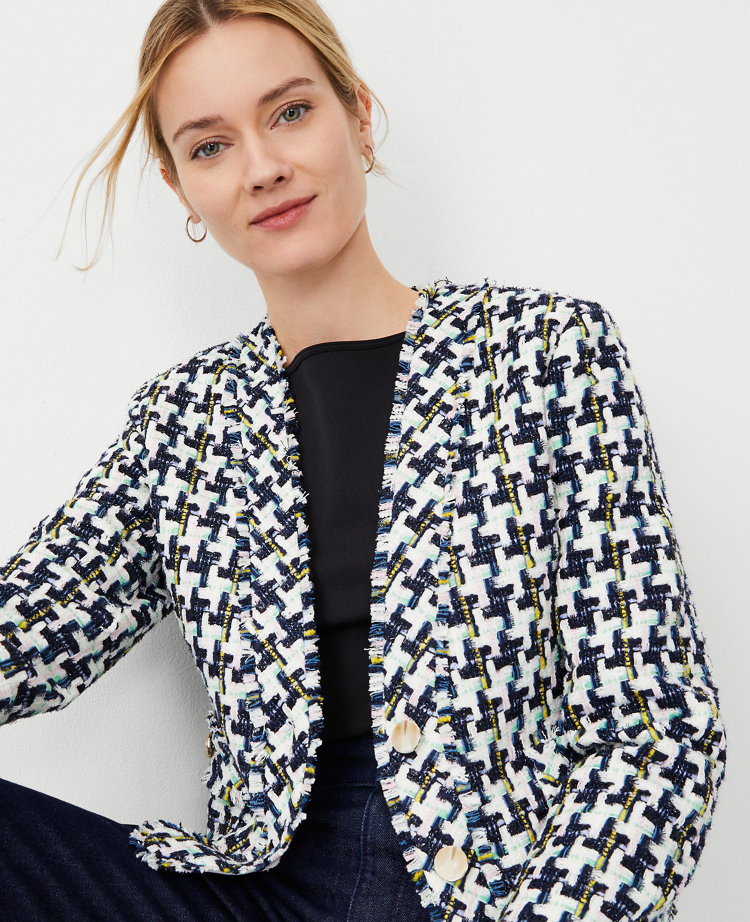 Ann Taylor Petite Houndstooth Tweed Cropped Cardigan Jacket Blue/Ivory Multi Women's