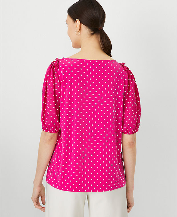 Dotted Mixed Media Puff Sleeve Top