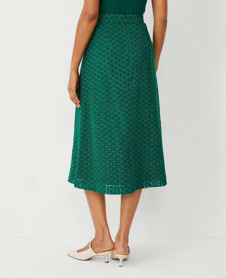 Ann Taylor Eyelet A-Line Midi Skirt Fresh Evergreen Women's