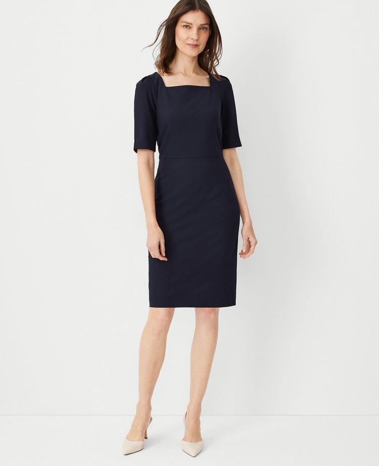 The Petite Elbow Sleeve Square Neck Dress in Seasonless Stretch - Curvy Fit