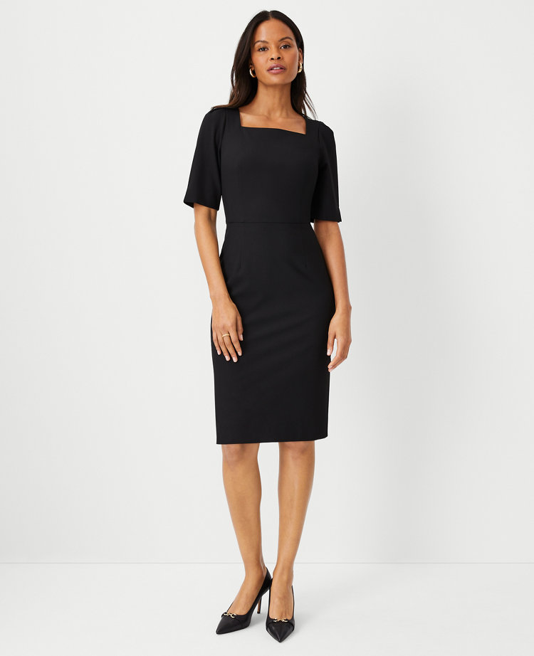 The Petite Elbow Sleeve Square Neck Dress in Seasonless Stretch - Curvy Fit