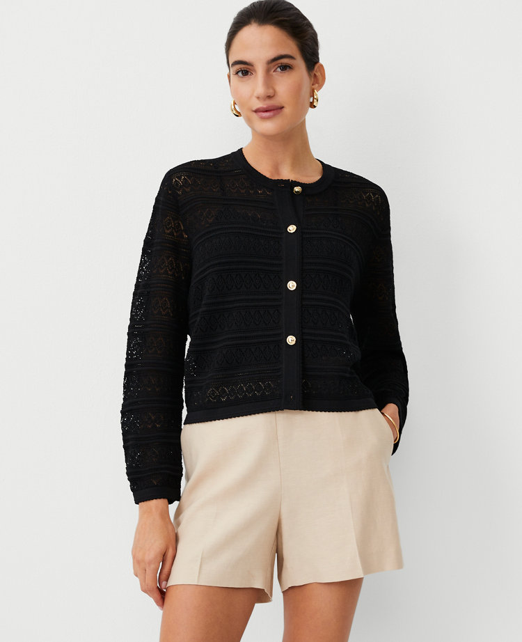 Ann Taylor Mixed Open Stitch Crew Neck Cardigan Black Women's