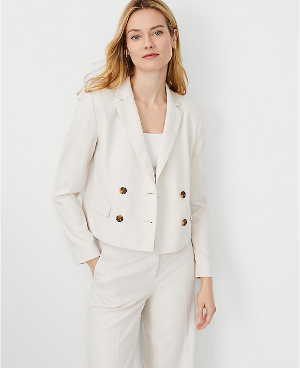 The Petite Cropped Double Breasted Blazer in Textured Stretch