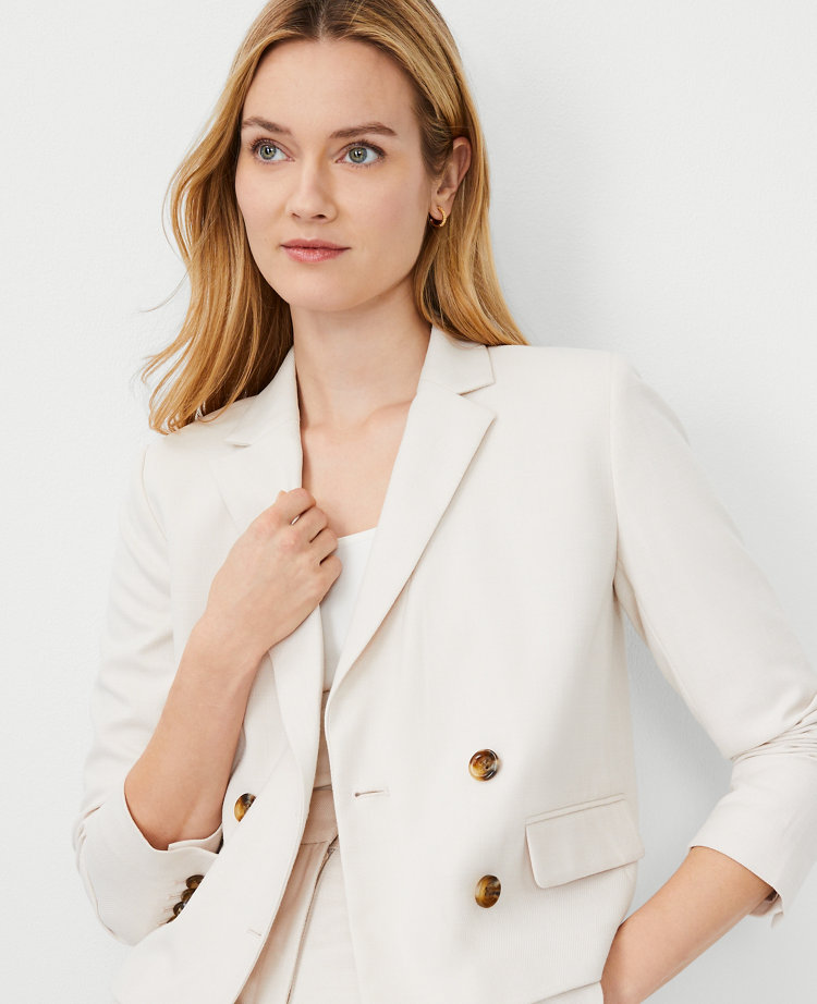 The Petite Cropped Double Breasted Blazer in Textured Stretch