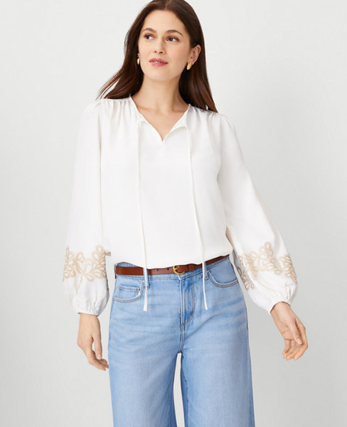 Ann Taylor Embroidered Sleeve Tie Neck Top