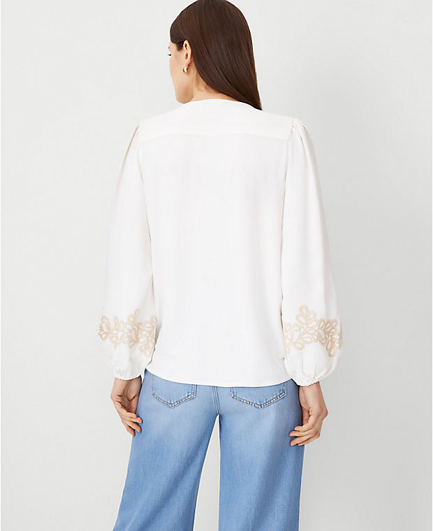 Embroidered Sleeve Tie Neck Top