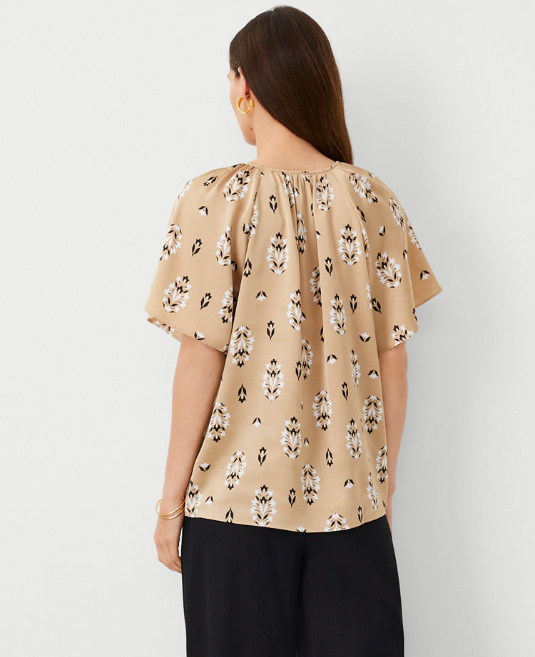 Ann Taylor Floral Shirred Tie Neck Button Popover Top Size XS Baguette Women's