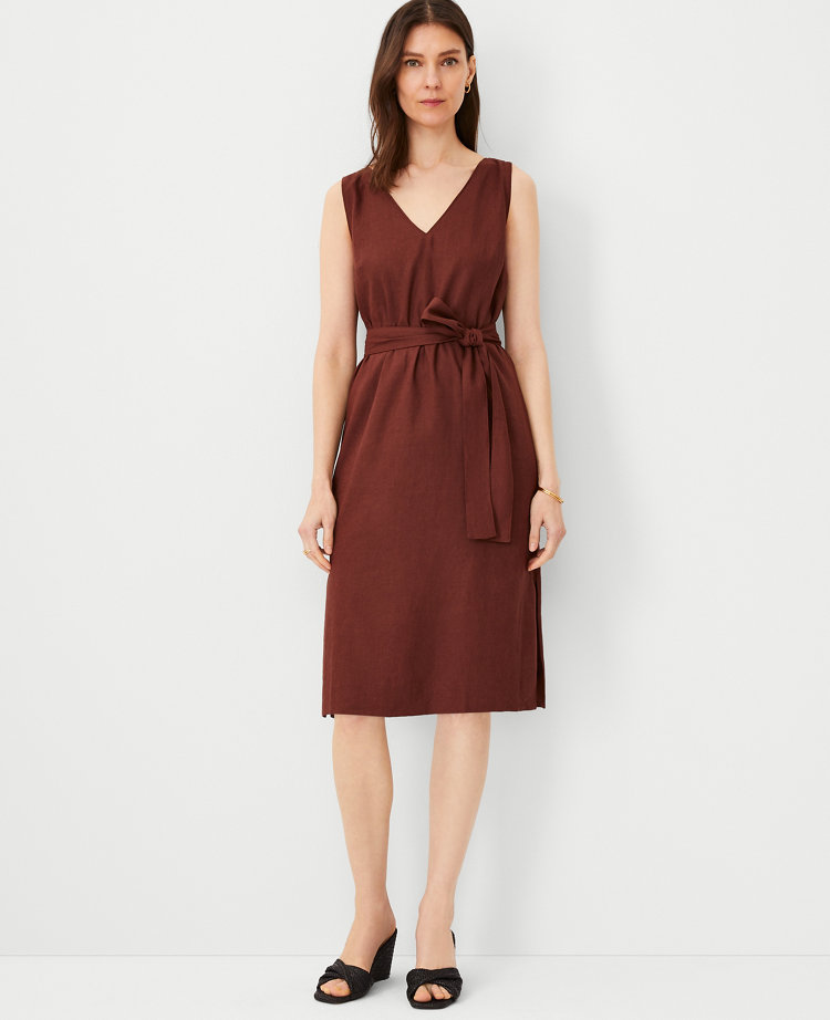 Ann Taylor Linen Blend Belted V-Neck Sheath Dress Brown Stone Women's