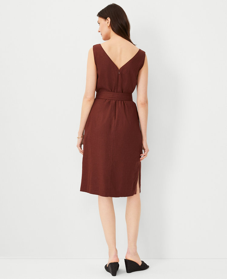 Ann Taylor Linen Blend Belted V-Neck Sheath Dress Brown Stone Women's