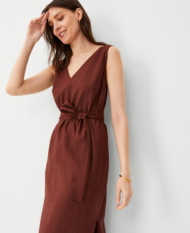 Ann Taylor Linen Blend Belted V-Neck Sheath Dress Brown Stone Women's