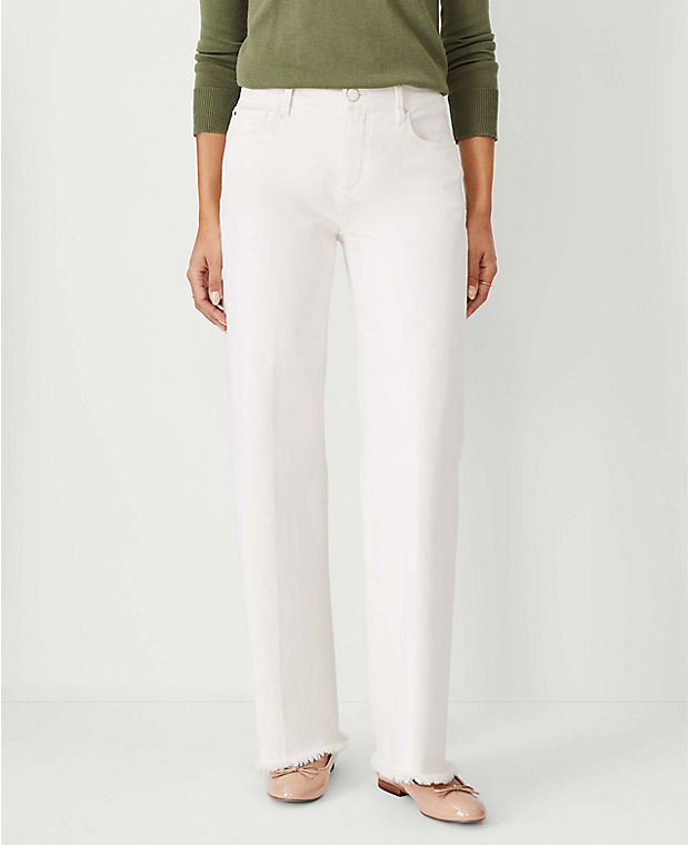 Petite AT Weekend Frayed Mid Rise Wide Leg Jeans in Ivory