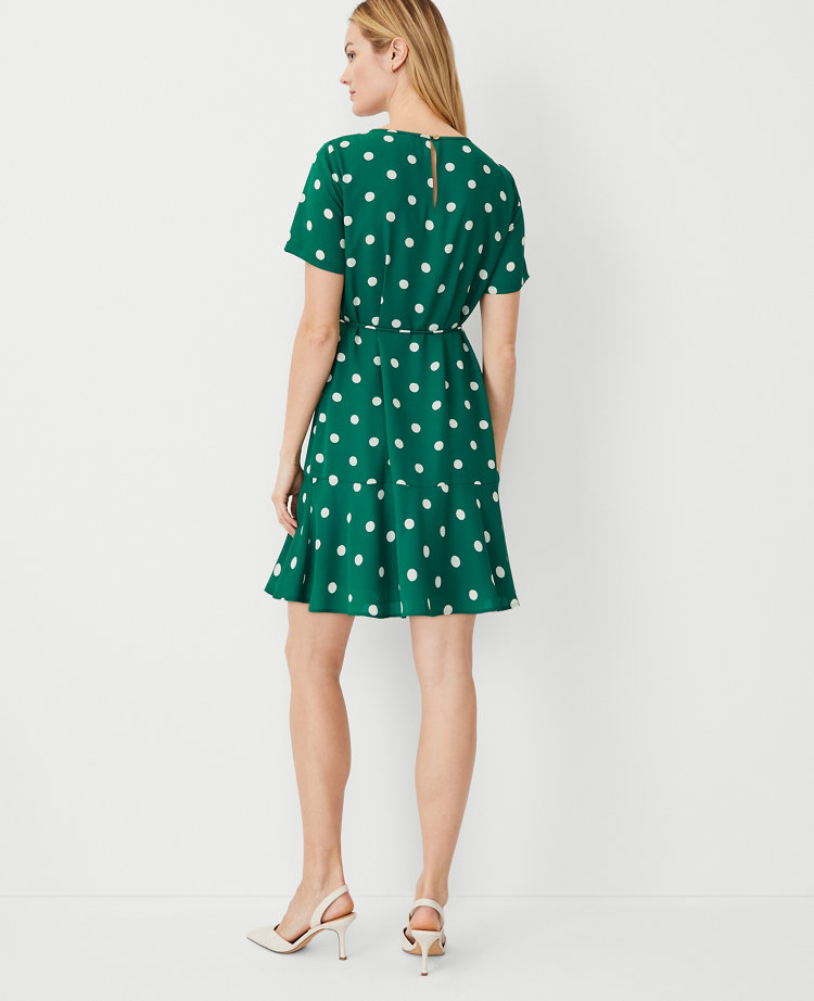 Dot Flounce Hem Belted Shift Dress - Fresh Evergreen